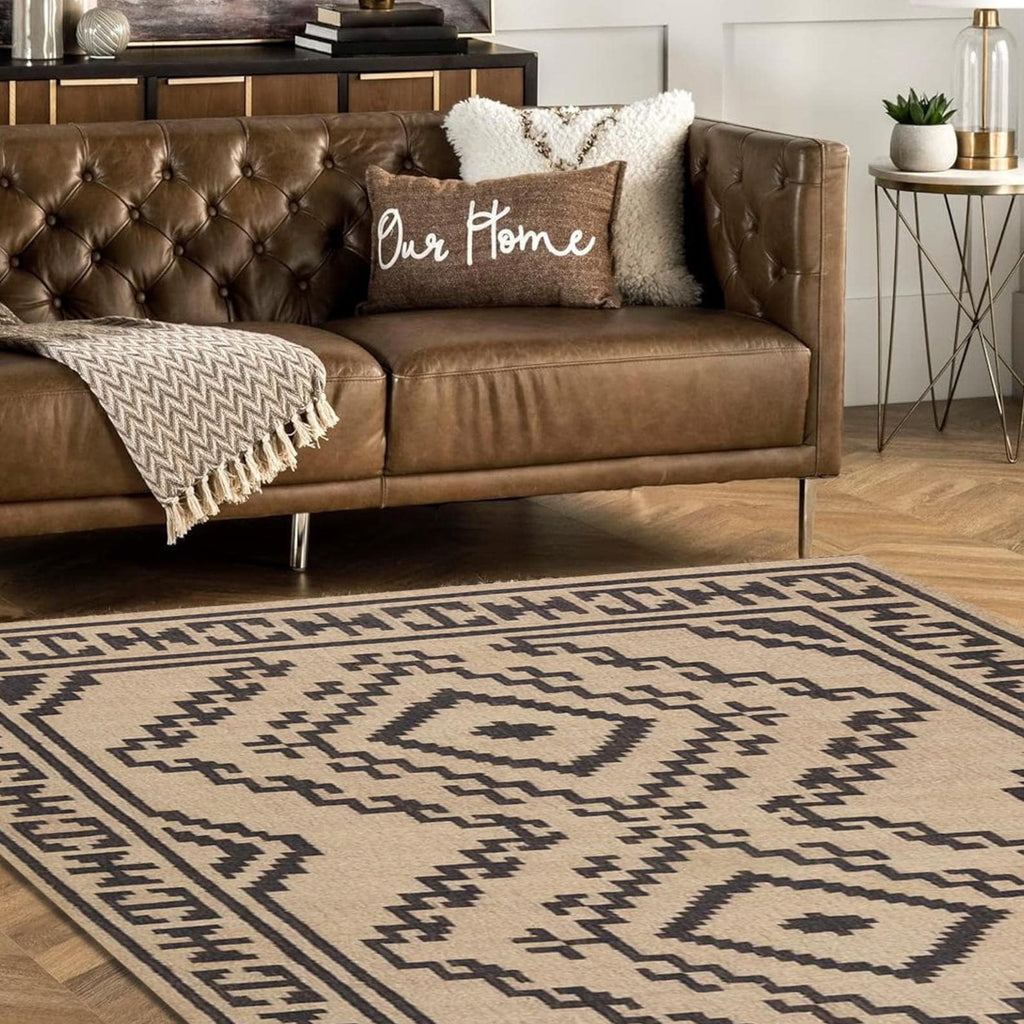 Handwoven Jute Kilim Rug – 5x8 ft , Modern Kilim Area Rug , Natural Beige & Black Tribal Carpet,Farmhouse, Minimalist,Custom Sizes
