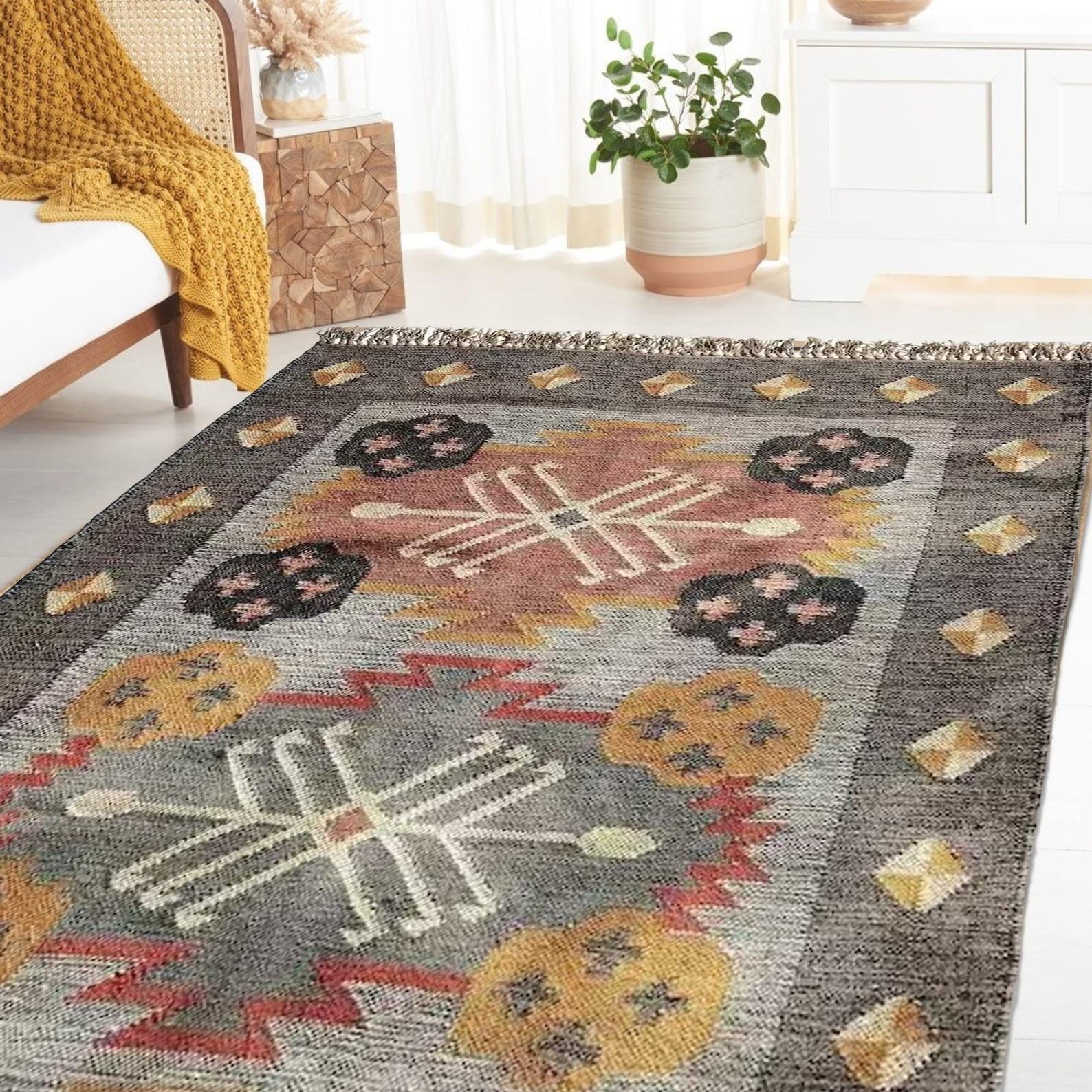 5x8 Wool Jute Kilim Rug | Handmade Vintage Area Rug | Boho Home Decor | Custom Size Available