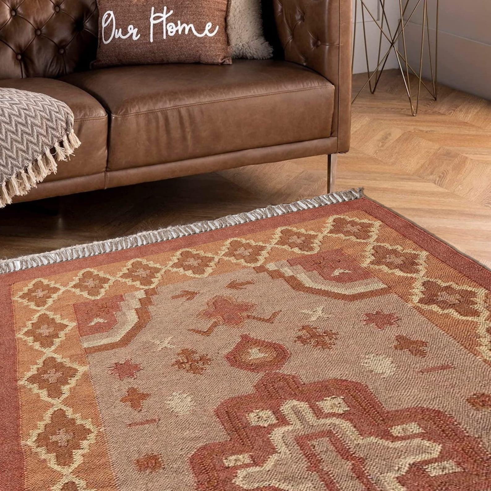 Handwoven Jute Kilim Dhurrie Rug – 5x8 ft (150x240 cm) | Vintage Oriental Boho Rug | Traditional Indian & Turkish Kelim | Custom Size Rug