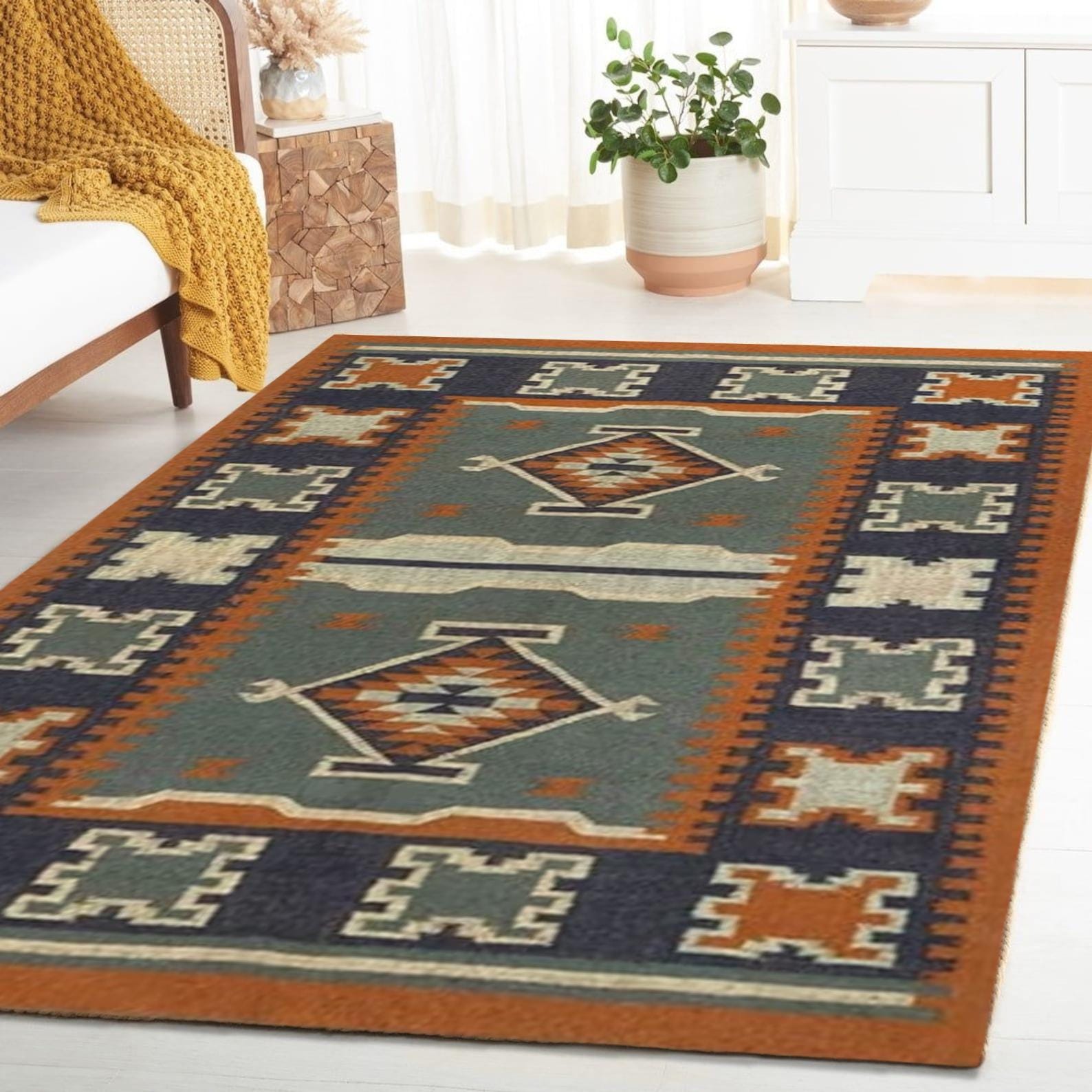 Handwoven Kilim Rug, Handmade Wool and Jute Dhurrie, Traditional Indian Jute Area Rug, Wool and Jute Rug Handmade, Kilim Dhurrie Rug