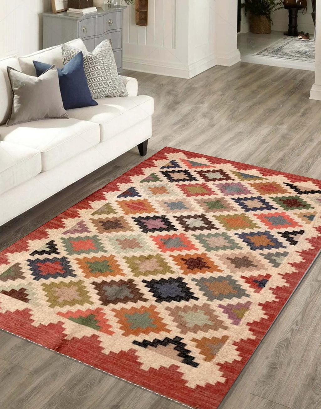 Handwoven Wool Jute Kilim Rug Flatweave Bohemian Rug Indian Dhurrie Rug Navajo Kilim Rug Custom Wool Jute Area Rug Home Decor