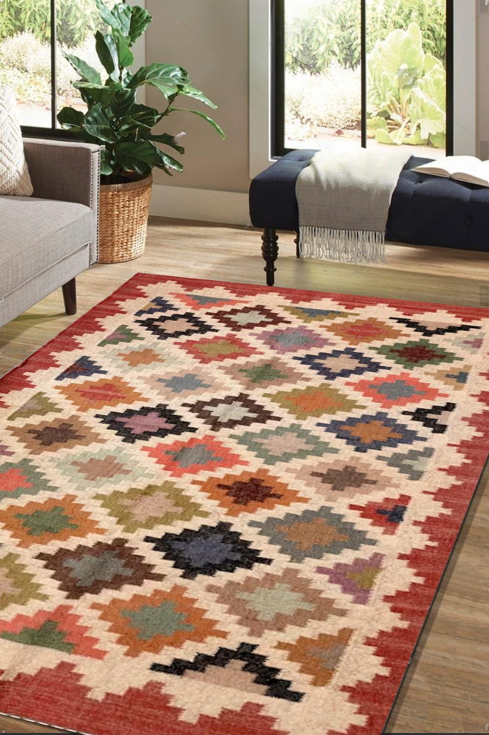 Handwoven Wool Jute Kilim Rug Flatweave Bohemian Rug Indian Dhurrie Rug Navajo Kilim Rug Custom Wool Jute Area Rug Home Decor