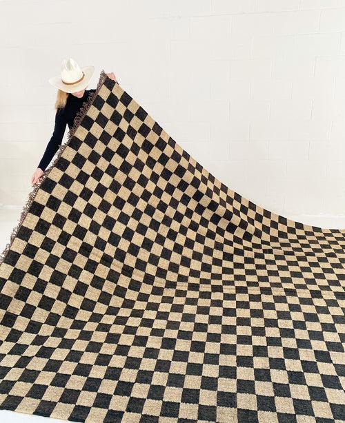 Black Diamond Mosaic Area Rug, Checkerboard Black White Rug, Ecofriendly Dhurrie Kilim, Bedside Area Rug, Large Custom Size Rug