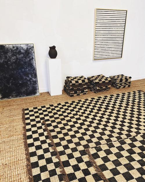 Black Diamond Mosaic Area Rug, Checkerboard Black White Rug, Ecofriendly Dhurrie Kilim, Bedside Area Rug, Large Custom Size Rug
