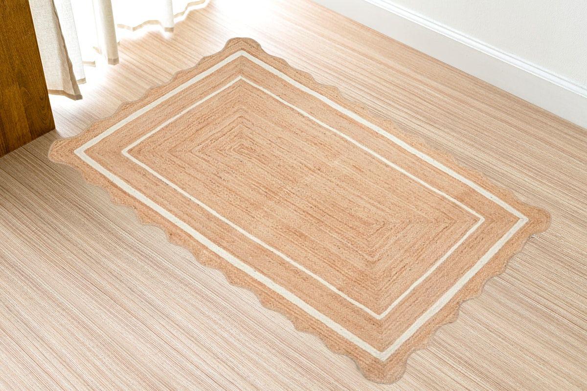Natural Jute Rug Scalloped Wavy Edge Rug Handwoven Bohemian Jute Carpet Rectangular Custom Size Jute Area Rug Rustic Home Decor