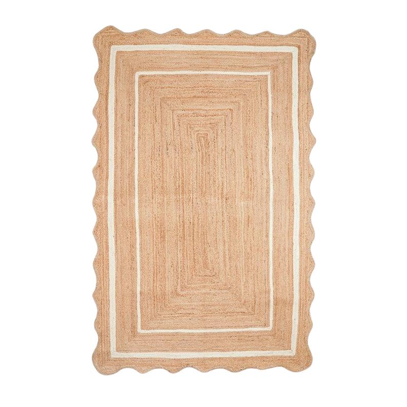 Natural Jute Rug Scalloped Wavy Edge Rug Handwoven Bohemian Jute Carpet Rectangular Custom Size Jute Area Rug Rustic Home Decor