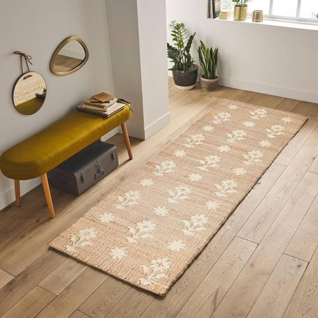 Natural Jute Rug Floral Handwoven Jute Area Rug Bohemian Flower Pattern Carpet Rectangular Living Room Rug Boho Décor Large Custom Size Rug