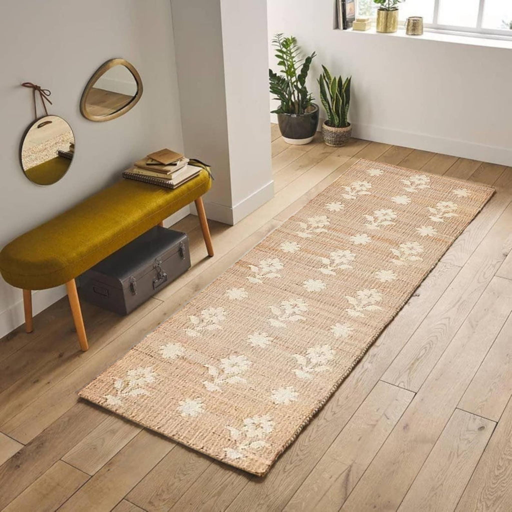 6X9 FT White Custom Runner Home Decor Jute Floral Design Rug, 6X9 FT White Custom Runner, Home Decor Jute Floral Design Rug