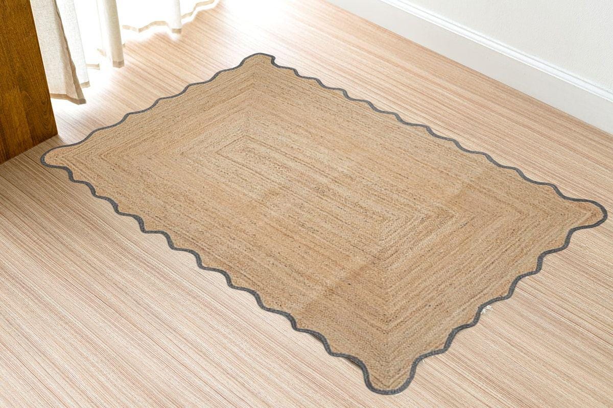 Scalloped Jute Rug, Bohemian Wave Edge Jute Area Rug, Natural Handwoven Rectangular Jute Carpet ,Custom Size Boho Decor Rug