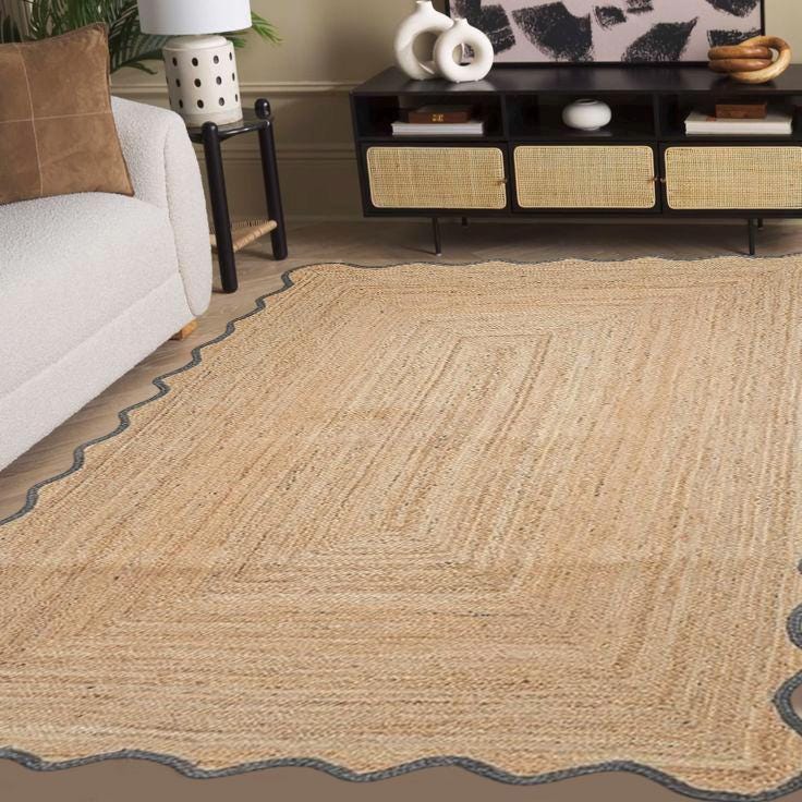 Scalloped Jute Rug, Bohemian Wave Edge Jute Area Rug, Natural Handwoven Rectangular Jute Carpet ,Custom Size Boho Decor Rug