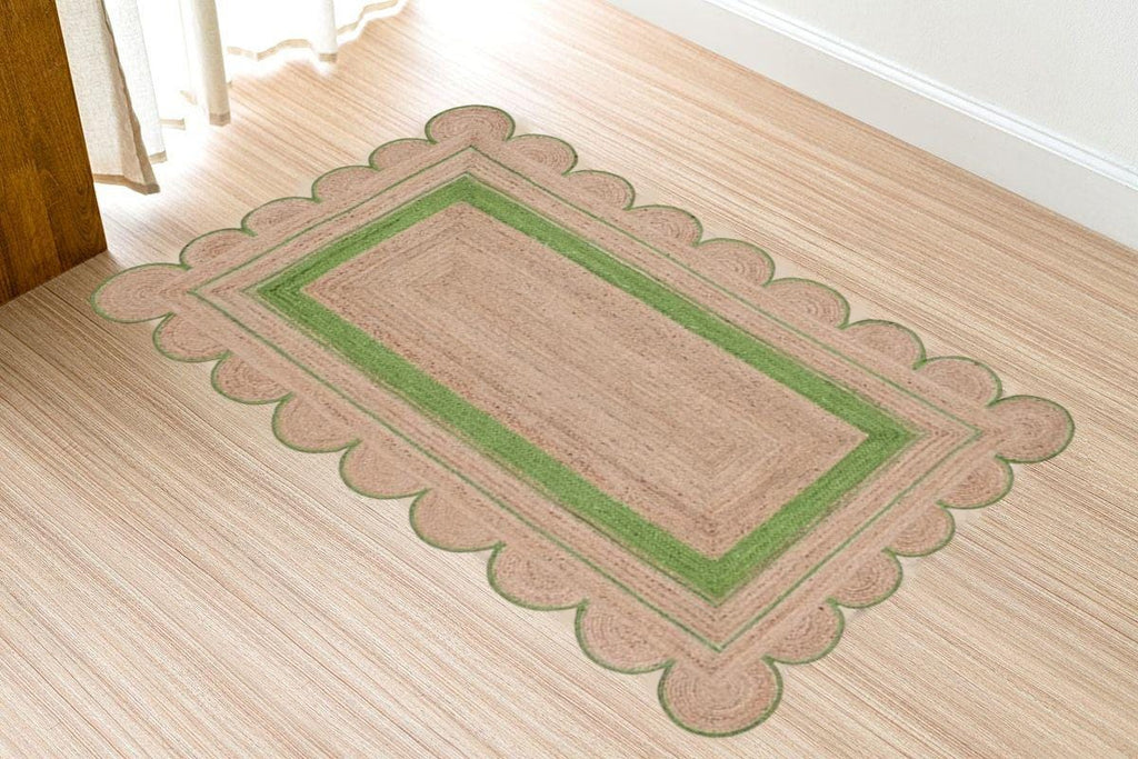 Natural Scalloped Jute Rug, Handwoven Boho Area Carpet, Scallop Edge Jute Rug, Custom Rustic Home Decor