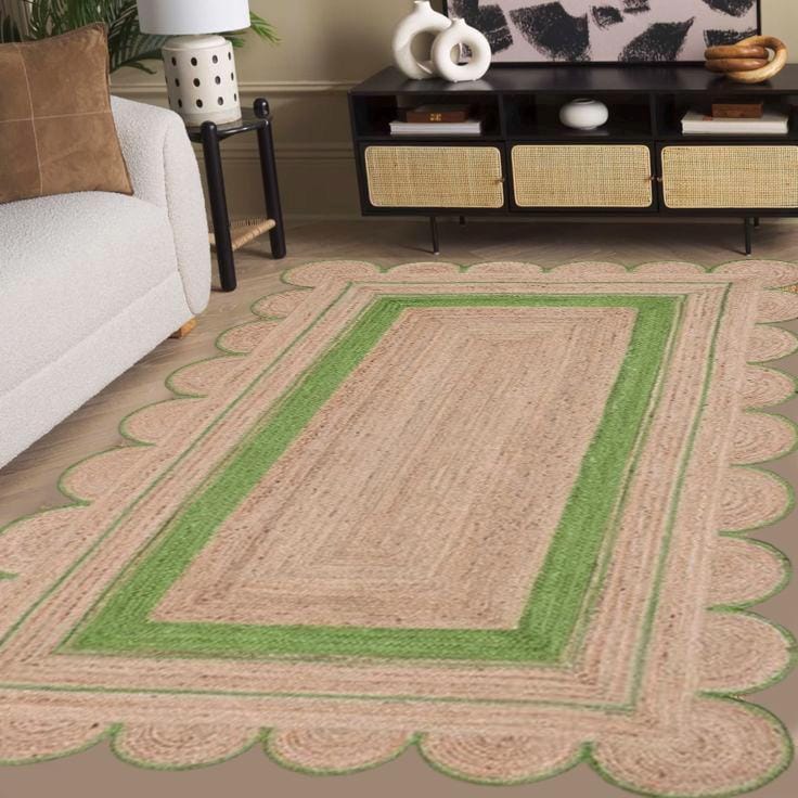 Natural Scalloped Jute Rug, Handwoven Boho Area Carpet, Scallop Edge Jute Rug, Custom Rustic Home Decor