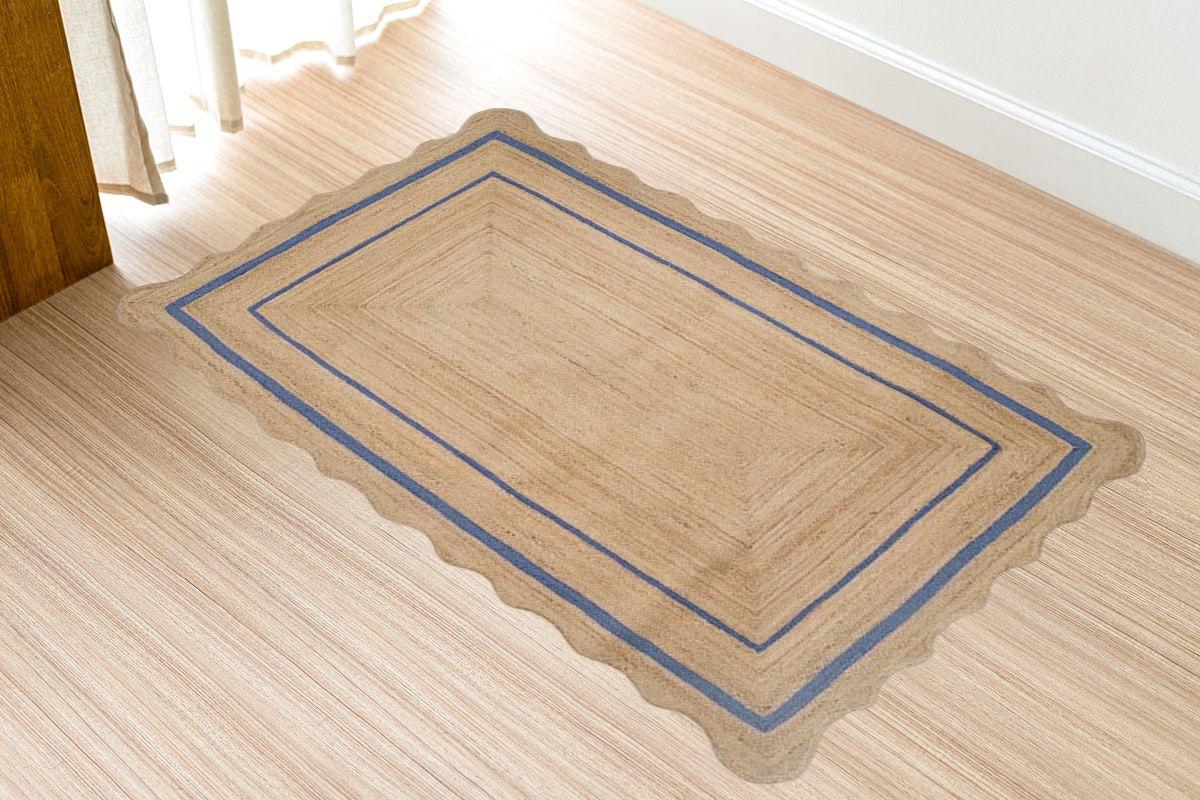 Boho Scalloped Jute Rug, Handwoven Natural Fiber Area Carpet, Rustic Home Decor Rug, Custom Sizes Available