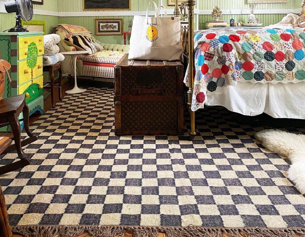 Checkered Jute Rug, Custom Size Runner Rug, Hallway Runner, Boho Jute Rug,5x7 Wool Jute Kilim Handmade Checkered Jute Rug