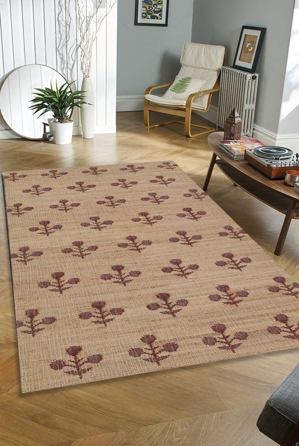 10x14 Jute Rug, Ivory Flower Natural Jute Rug, Wool Hand Woven Premium Quality Boho Style Area Rug, High Quality Natural Jute Carpet