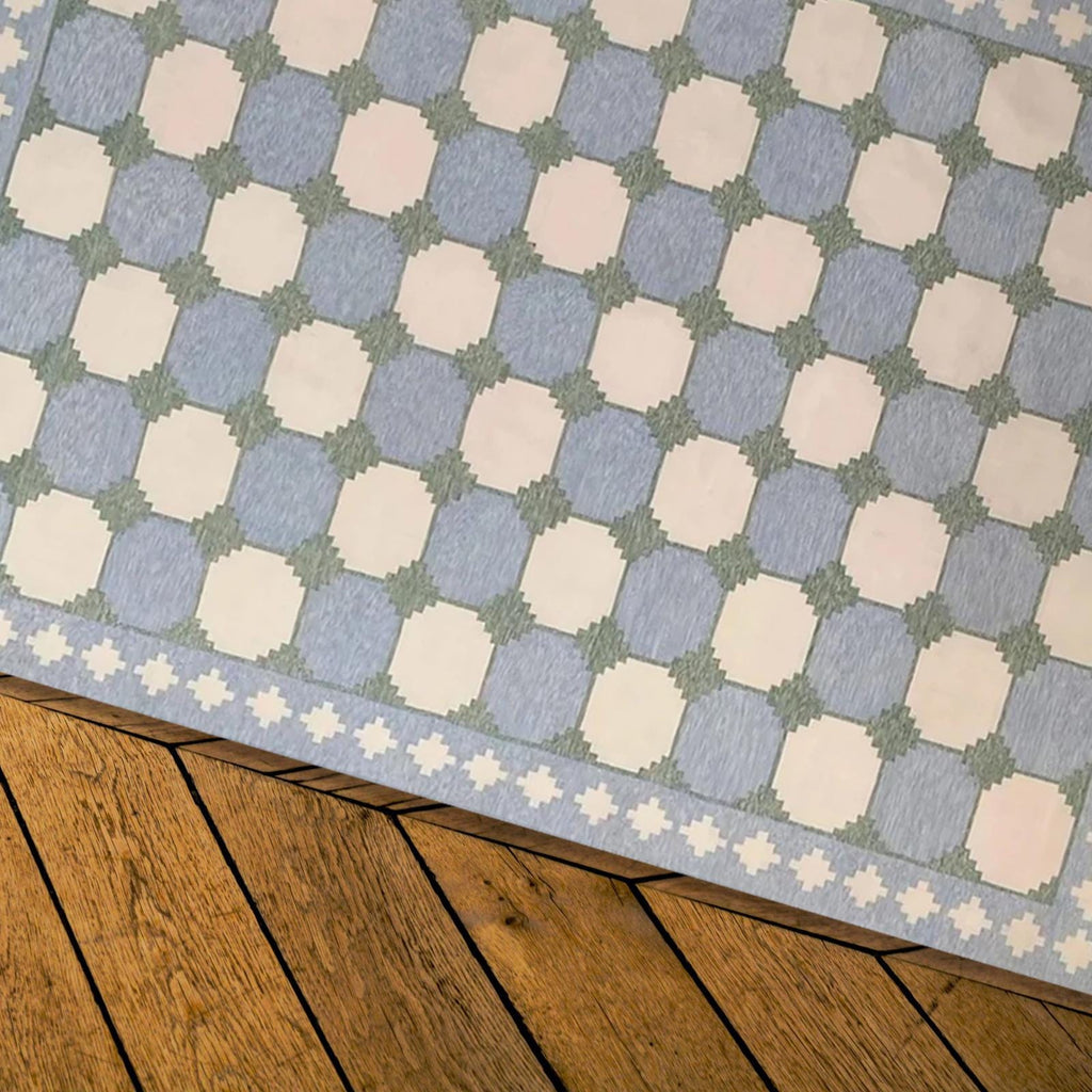 Modern Handwoven Cotton Area Rug – Geometric Flat Weave Kilim, Soft Pastel Blue & Beige, Reversible Dhurrie, Eco-Friendly 8x10 ft