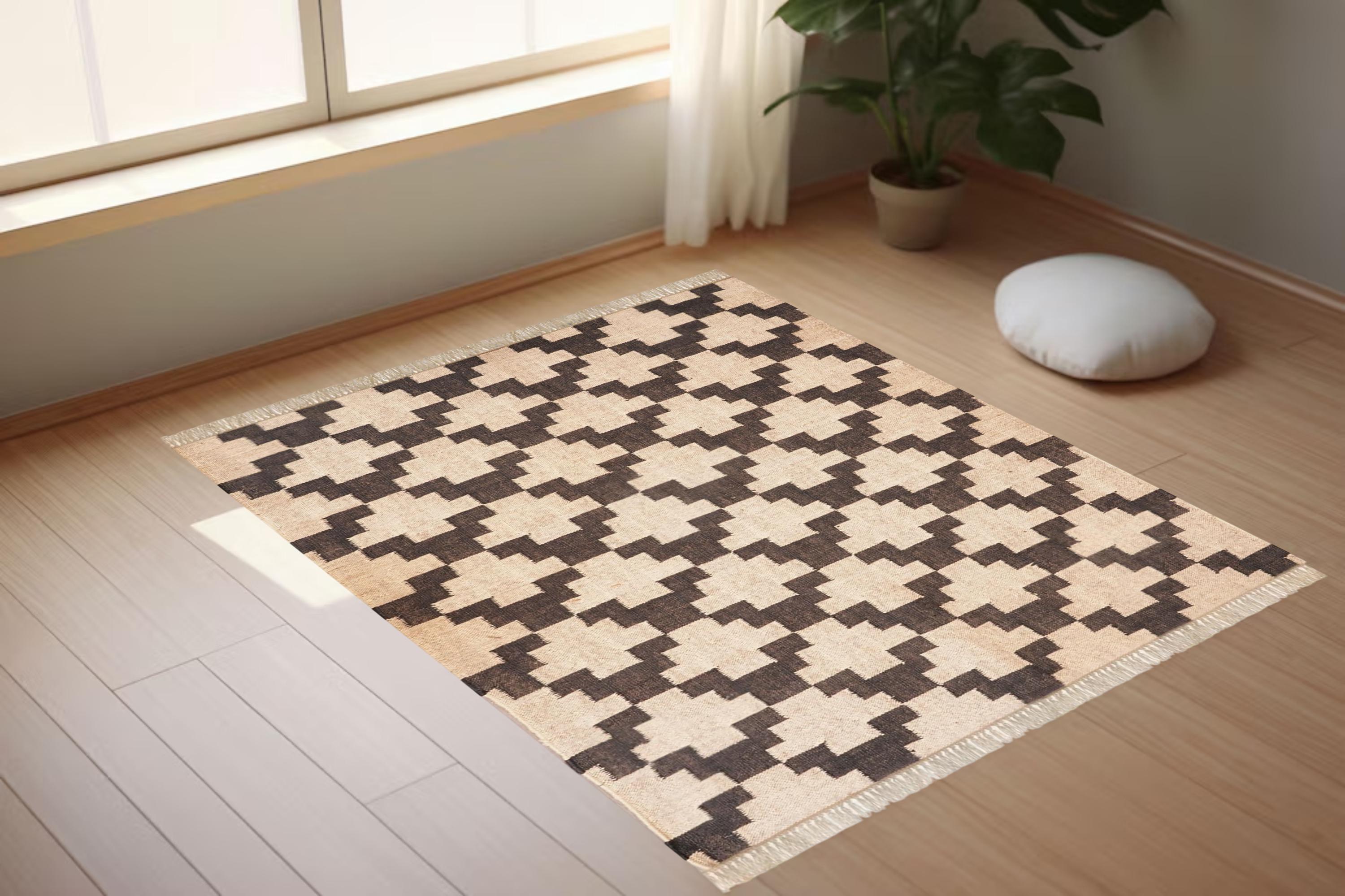 Handwoven Kilim Rug, Indian Dhurrie Rug, Black White Area Rug, Custom Size Carpet, Boho Floor Rug, Rectangle Flatweave Rug, Ethnic Decor Rug