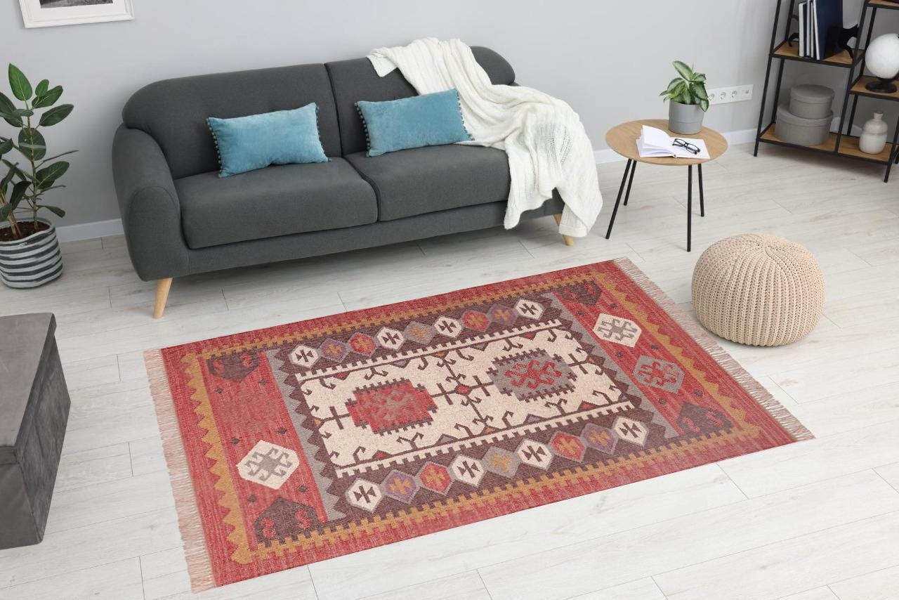 9x12 Ft. Handmade Wool Jute Kilim Rug, Vintage Wool Jute Kilim Rug, Handwoven, Wool and Jute Rug Handmade, Kilim Dhurrie Rug