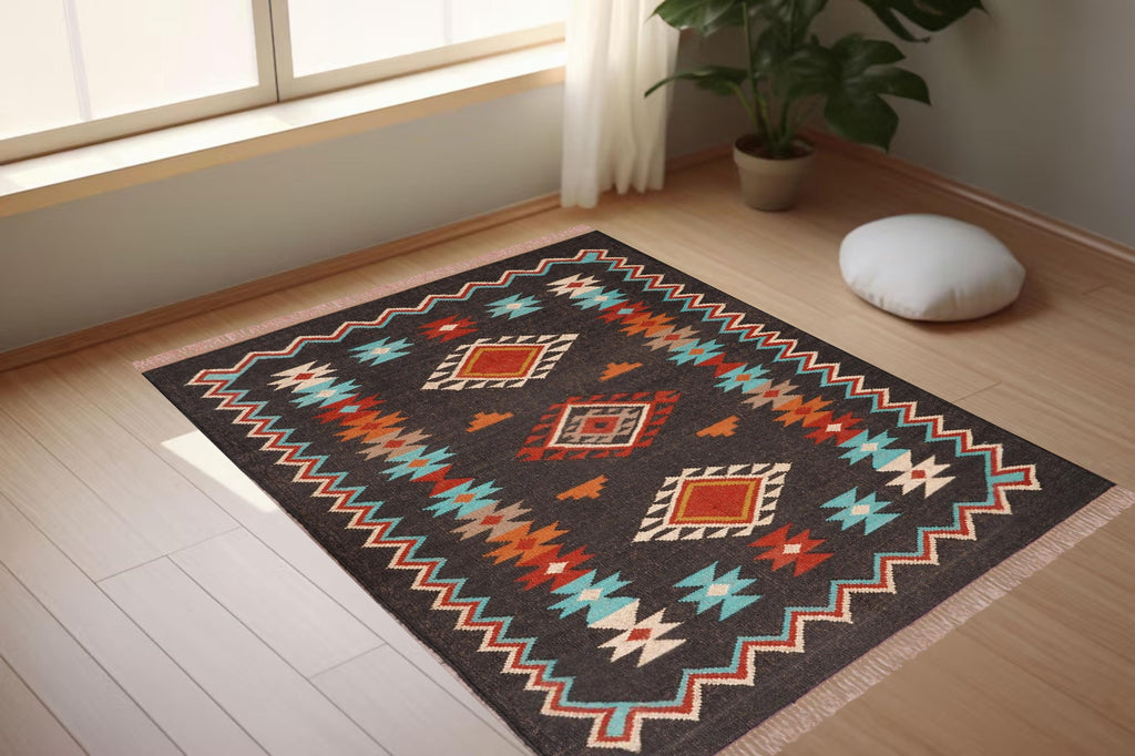 Wool Jute Kilim Rug, Vintage Dhurrie Rug, Handwoven Indian Rug, Traditional Area Rug, Handmade Jute Carpet, Flatweave Rug