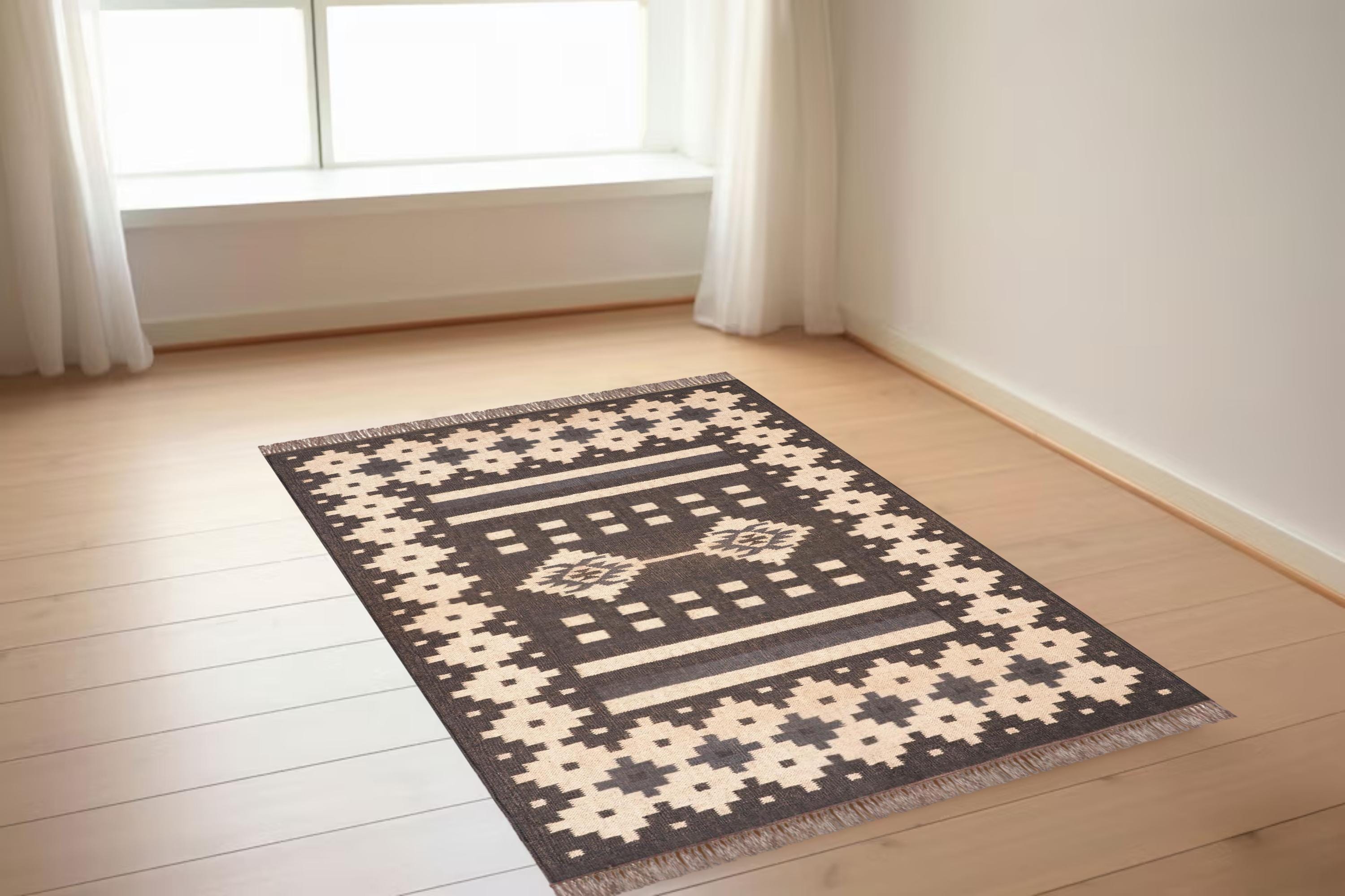 Wool Jute Kilim Rug, Handwoven Jute Rug Flatweave Dhurrie Rug, Bohemian Area Rug, Indian Kilim Carpet, Navajo Custom Rug