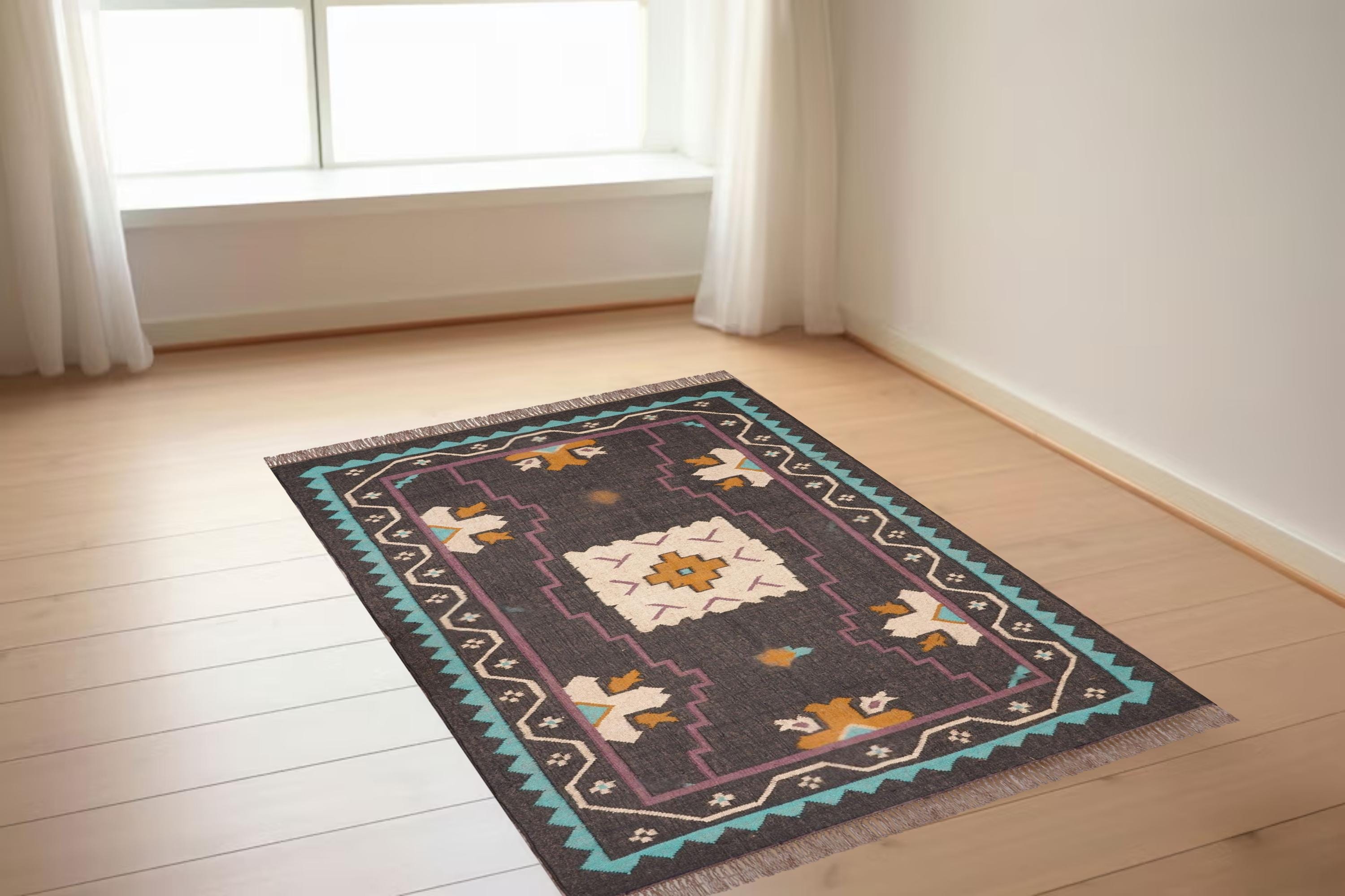 Handmade Jute Rug, Kilim Wool Rug, Multicolor Area Carpet, Eco-Friendly Dhurrie, Living Room Rug, 5x8 Home Decor Rug