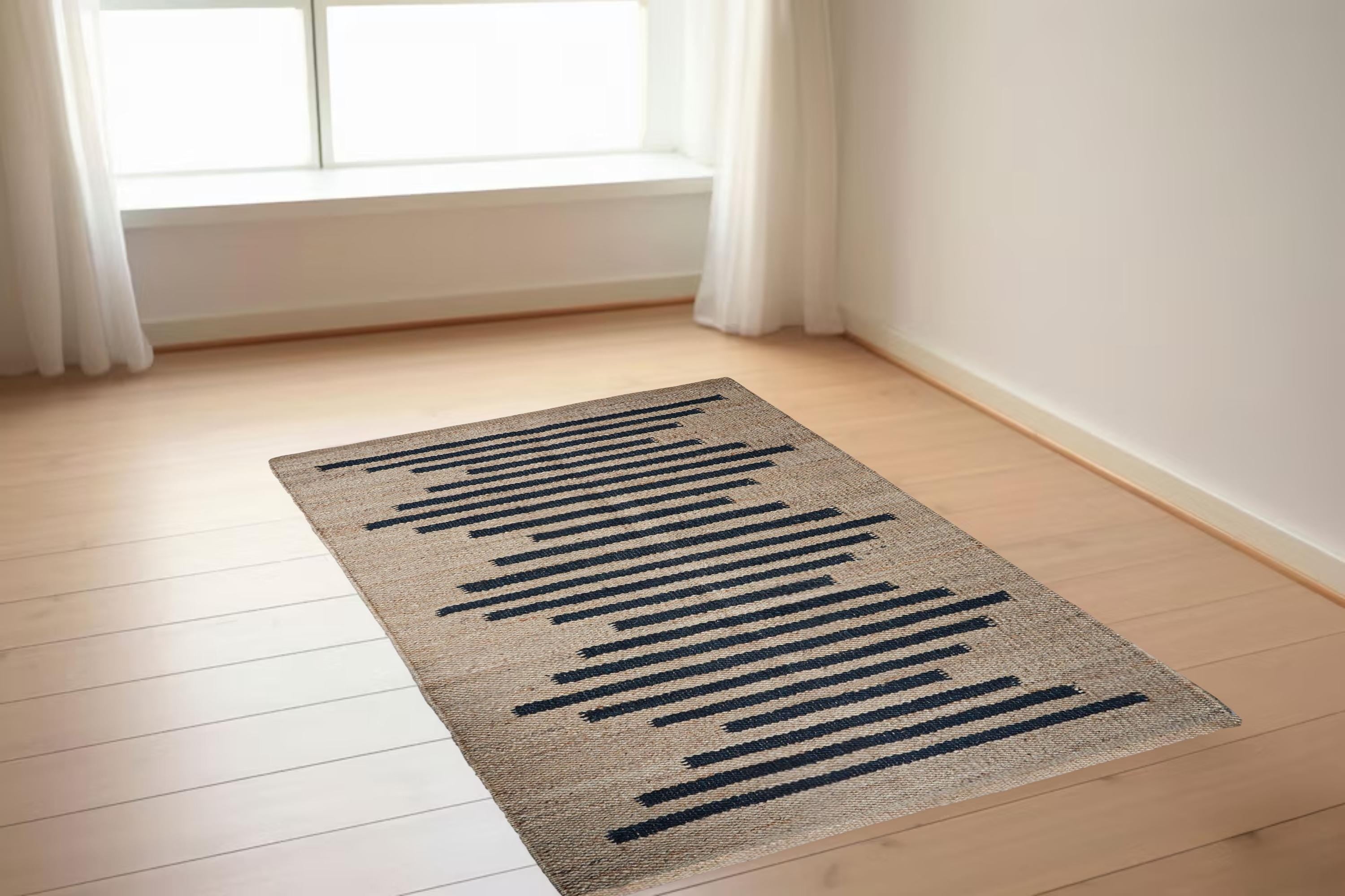 Jute Hemp Area Rug, Black Stripes Rug, Custom Size Bohemian Carpet, Handwoven Natural Fiber Rug, Home Decor Floor Rug, Eco Friendly Jute Rug