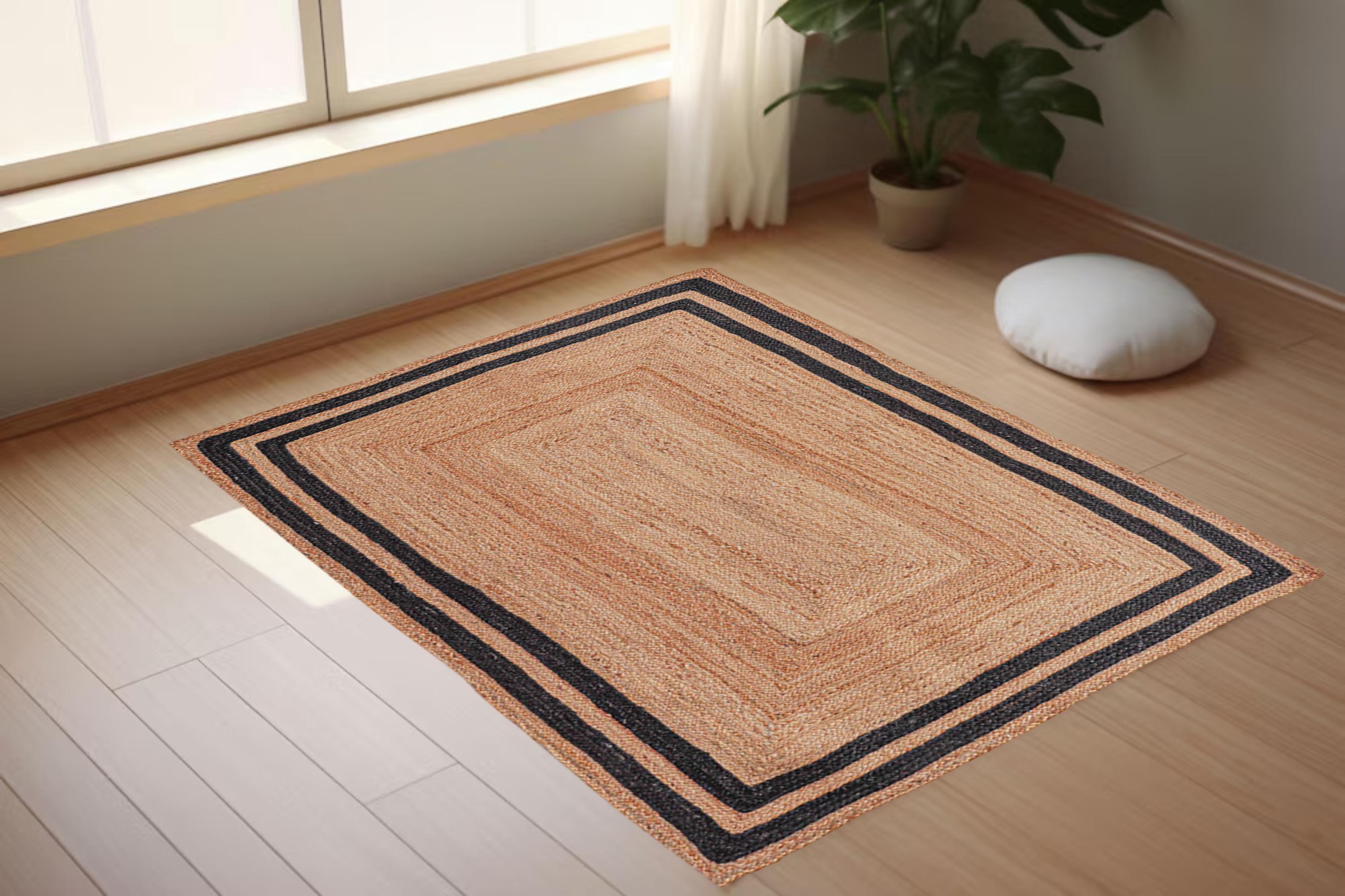 Hand Braided Jute Rug, Black Design Rug, Bohemian Area Rug, Natural Jute Runner, Custom Size Carpet, Decorative Rag Rug, Handmade Floor Rug