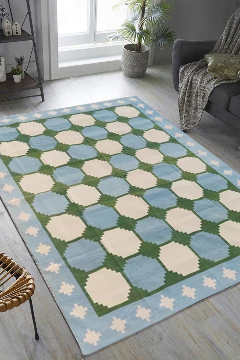 Green Blue Scandinavian Design rug, 9x12 ft Home Décor Boho Area Rug, Flat Weave panja Dhurrie Rug, Cotton Reversible Rug, indian rugs
