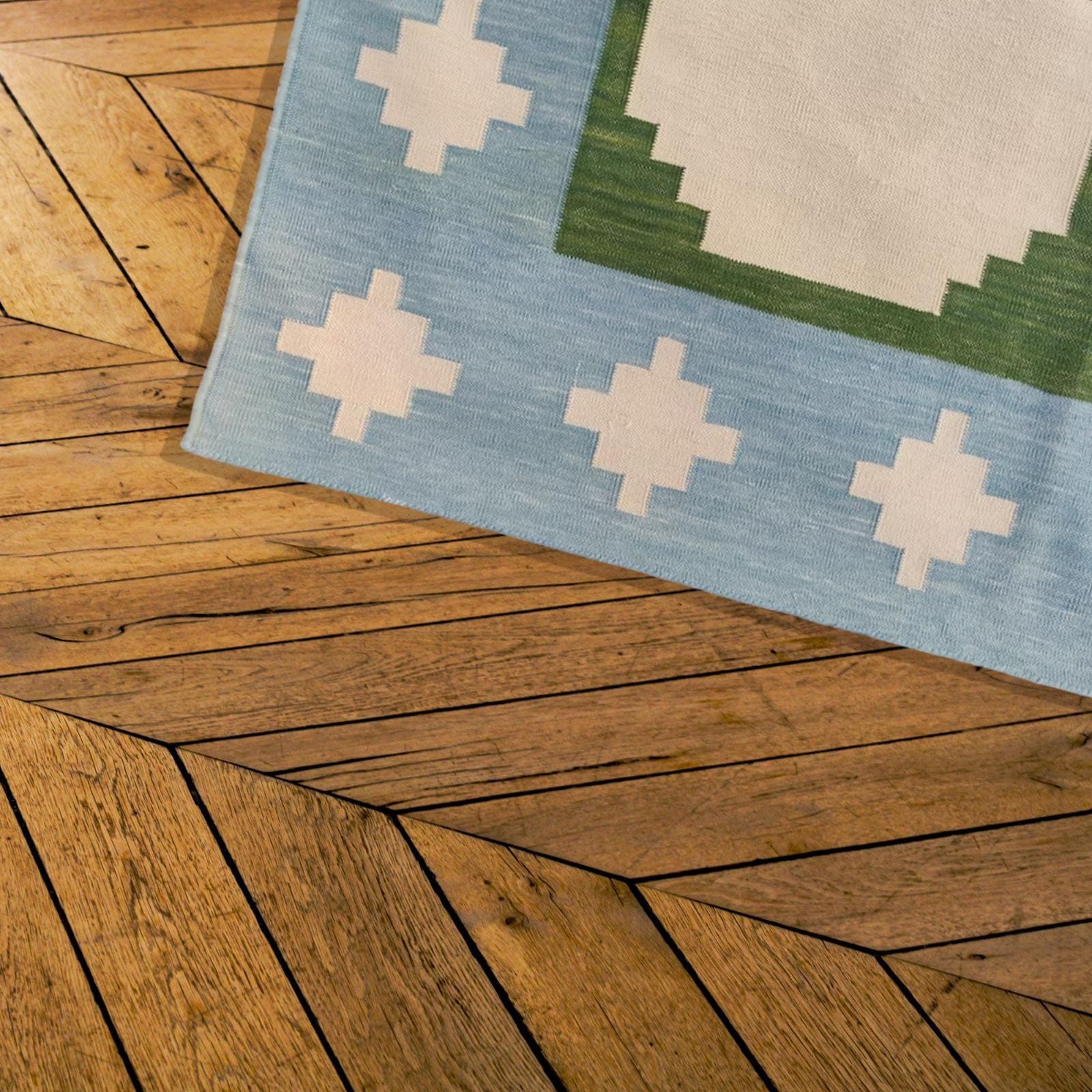 Green Blue Scandinavian Design rug, 9x12 ft Home Décor Boho Area Rug, Flat Weave panja Dhurrie Rug, Cotton Reversible Rug, indian rugs