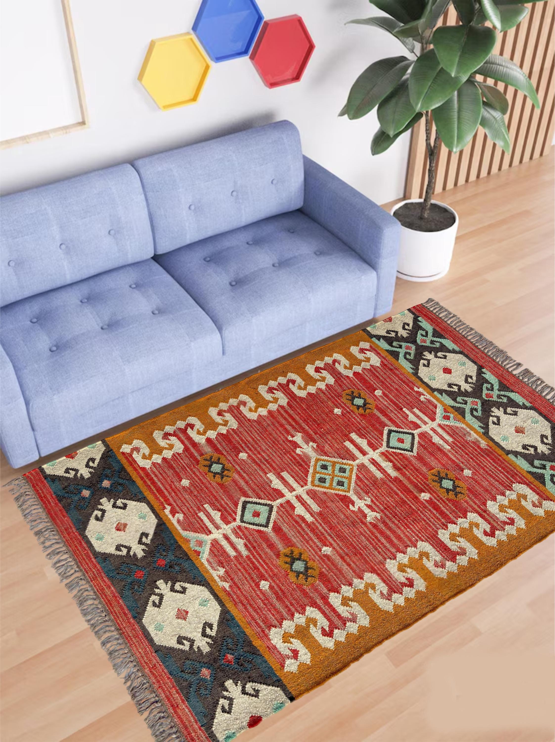 Handwoven Kilim Rug, Wool Jute Rug, Multicolor Dhurrie Carpet, Vintage Jute Rug, Fringes Area Rug, Boho Decor Rug, Custom Size Rug