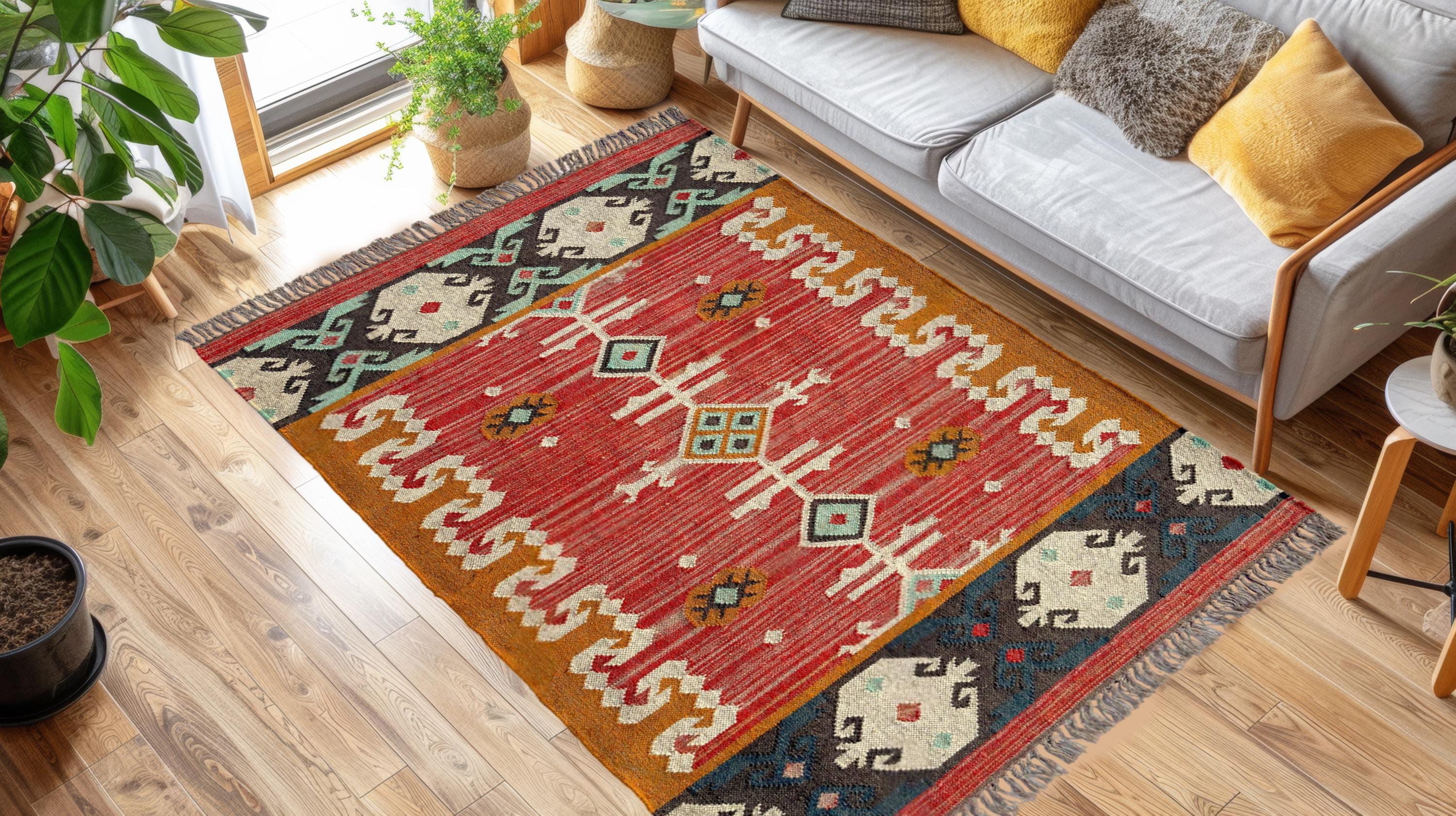 Handwoven Kilim Rug, Wool Jute Rug, Multicolor Dhurrie Carpet, Vintage Jute Rug, Fringes Area Rug, Boho Decor Rug, Custom Size Rug