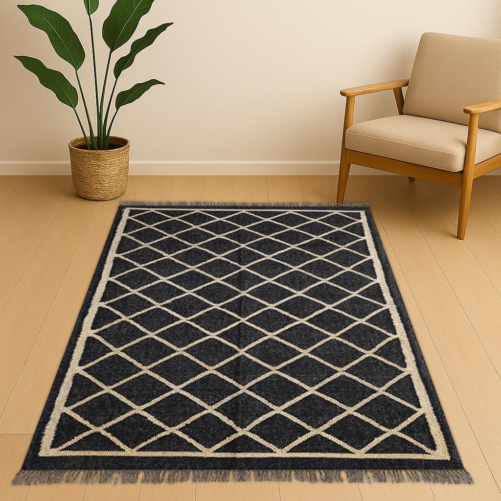 Kilim Rug, Handwoven, Wool and Jute Rug Handmade, KILIM Rug In Black And Beige Design,Handwoven Wool Jute Kilim Rug Wool Jute Rug