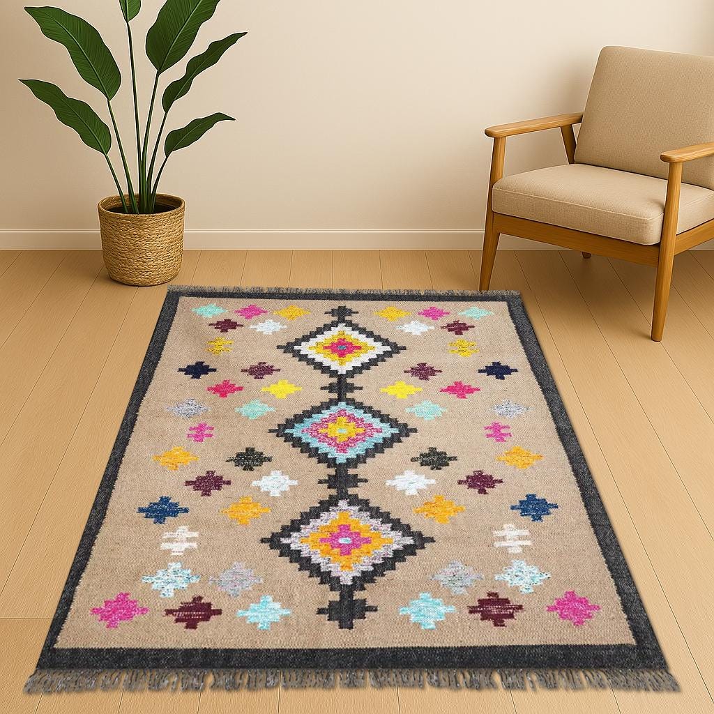 Wool Jute Kilim Rug, Multicolor Dhurrie Rug, Handmade Boho Rug, Indian Vintage Rug, Eco Friendly Area Rug, Handwoven Home Decor Rug