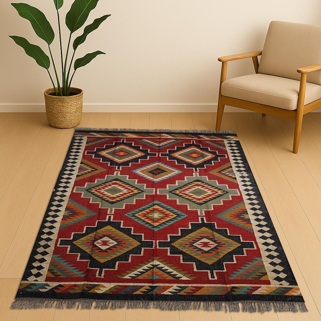 Red Kilim Rug, Peruvian Rug Handmade, Vintage Dhurrie Rug, Moroccan Indian Fusion Rug, Navajo Style Rug, Southwestern Jaipur Runner