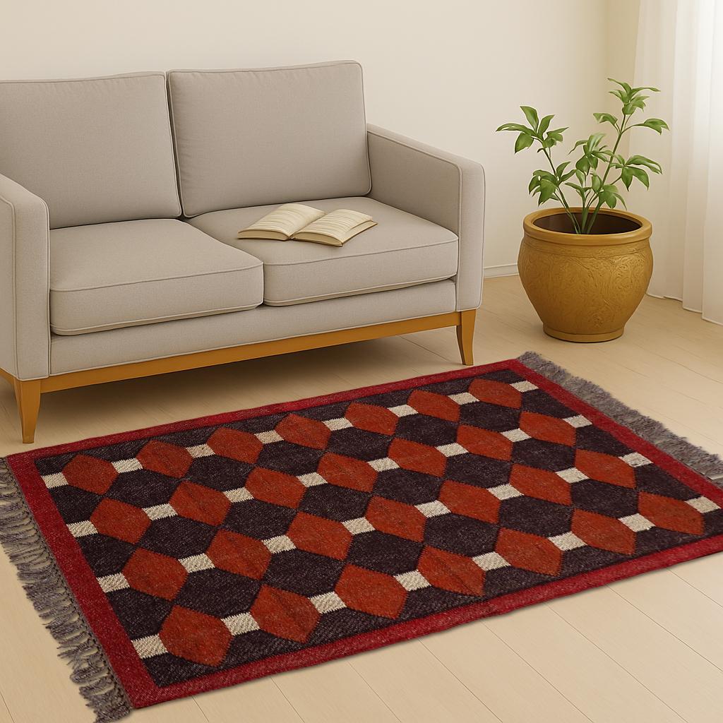 Handwoven Dark Brown and Red Jute Kilim Rug Collection - Traditional Indian Dhurrie and Navajo Styles Available