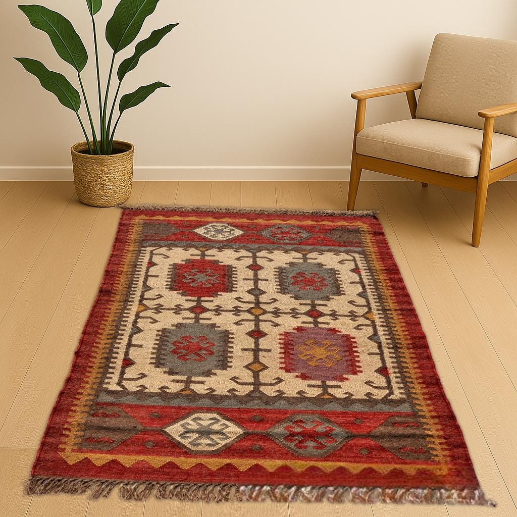 Vintage Wool Jute Kilim Rug, Wool and Jute Rug Handmade,4x6 Kilim Rug/ Oriental Rug/ Aztec Rug/ Bohemian Kilim Rug/ Indian jute Area rug