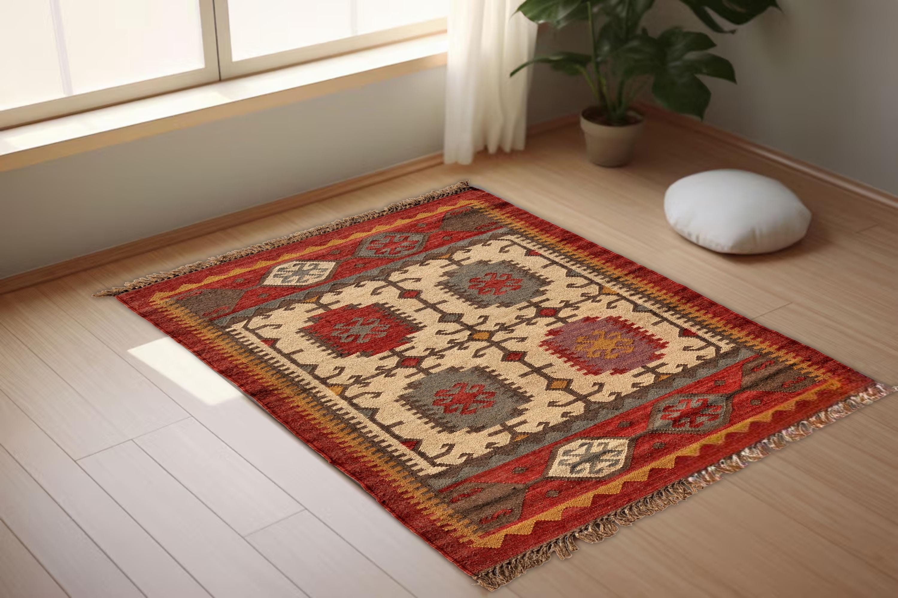 Vintage Wool Jute Kilim Rug, Wool and Jute Rug Handmade,4x6 Kilim Rug/ Oriental Rug/ Aztec Rug/ Bohemian Kilim Rug/ Indian jute Area rug