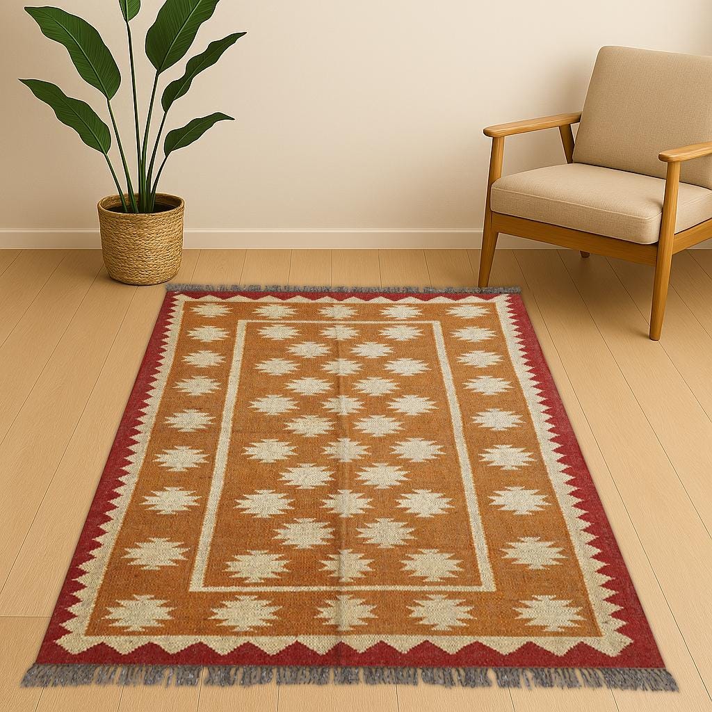5x8 Area Kilim Rug, 5x8 Wool Jute Flatweave Rug, Handmade Boho Rug, Indian Dhurrie Carpet, Aztec Kilim Rug, Navajo Style Custom Rug