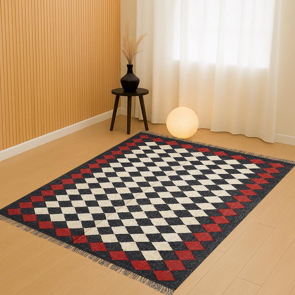 Large Black Kilim Rug, Handmade Wool Jute Rug, Handwoven Dhurrie Carpet, Geometric Oriental Rug, Traditional Black Indian Kilim