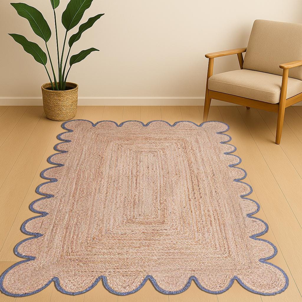 Scalloped Jute Rug, Bohemian Wave Edge Rug, Natural Jute Area Rug, Rectangular Jute Carpet, Custom Size Rug, Handmade Floor Decor
