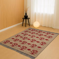 Jute Cotton Rug, Beige Boho Rug, Handwoven Floral Rug, Red Flower Area Rug, Natural Nordic Rug, Moroccan Style Rug, Bohemian Decor Rug