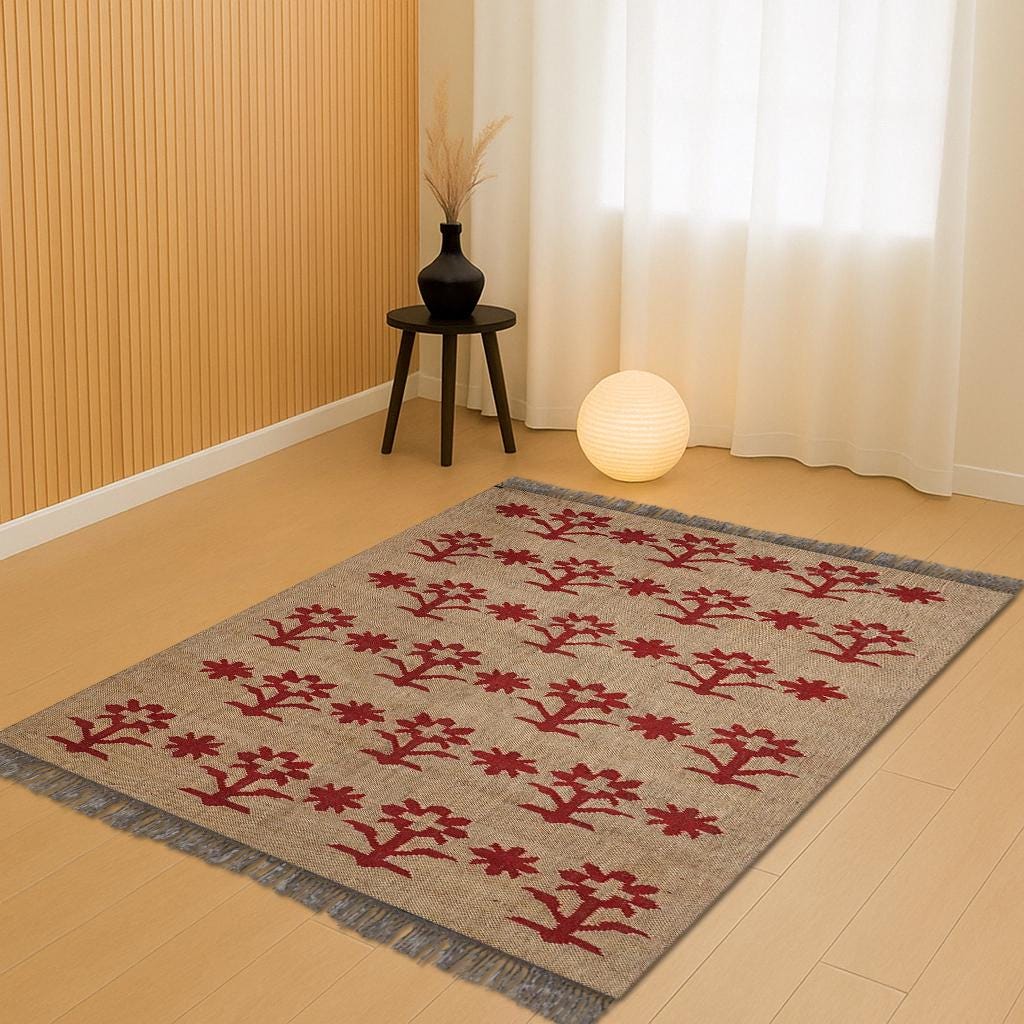 Jute Cotton Rug, Beige Boho Rug, Handwoven Floral Rug, Red Flower Area Rug, Natural Nordic Rug, Moroccan Style Rug, Bohemian Decor Rug