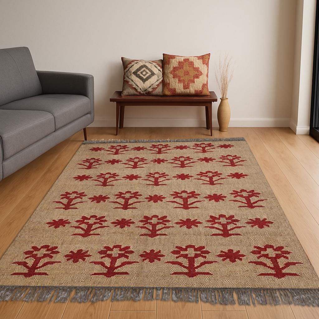 Jute Cotton Rug, Beige Boho Rug, Handwoven Floral Rug, Red Flower Area Rug, Natural Nordic Rug, Moroccan Style Rug, Bohemian Decor Rug