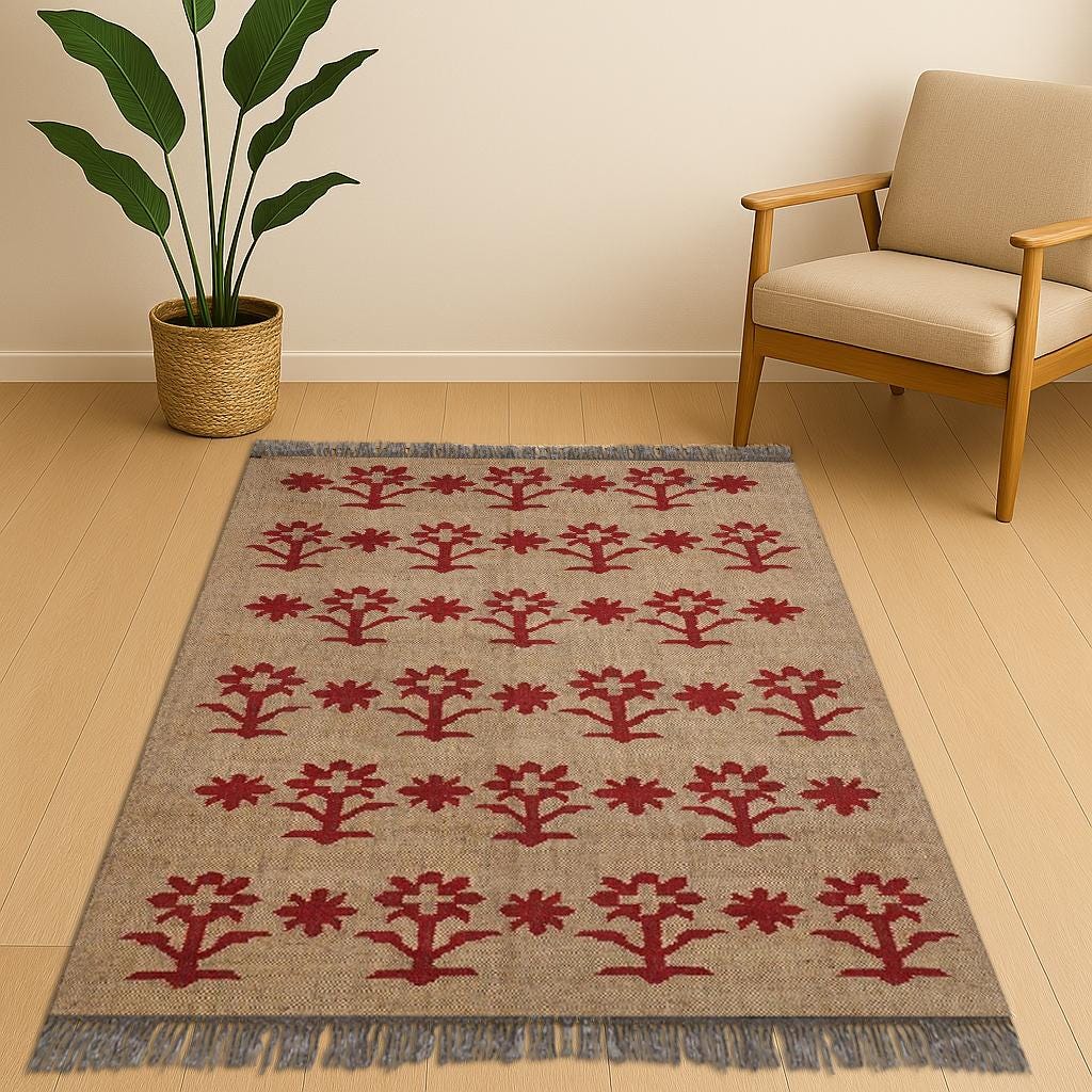 Jute Cotton Rug, Beige Boho Rug, Handwoven Floral Rug, Red Flower Area Rug, Natural Nordic Rug, Moroccan Style Rug, Bohemian Decor Rug