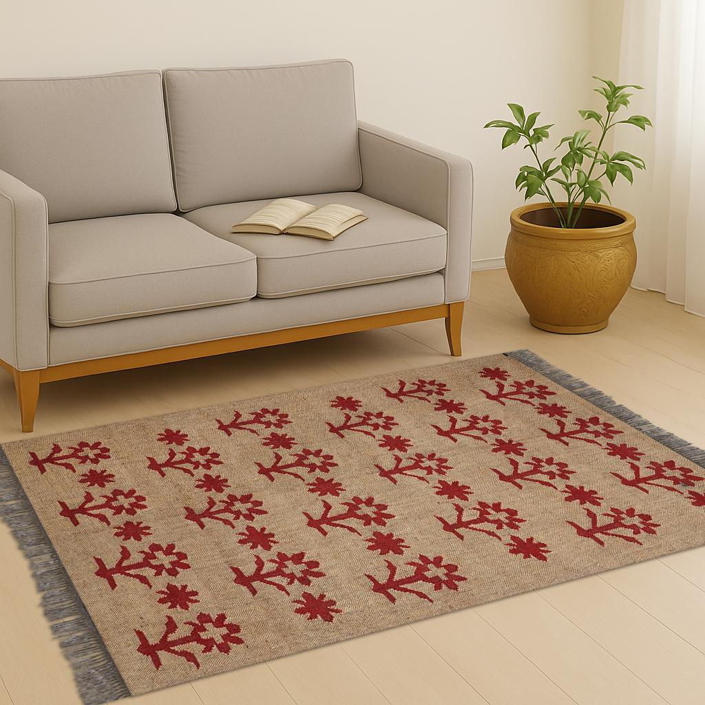 Jute Cotton Rug, Beige Boho Rug, Handwoven Floral Rug, Red Flower Area Rug, Natural Nordic Rug, Moroccan Style Rug, Bohemian Decor Rug