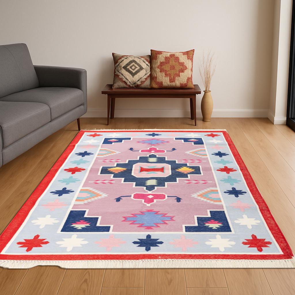 Cotton Kilim Rug, Geometric Area Carpet, Flat Weave Rug, Colorful Living Room Decor, Modern Bedroom Floor Mat, Handwoven Rug, Handmade Rug