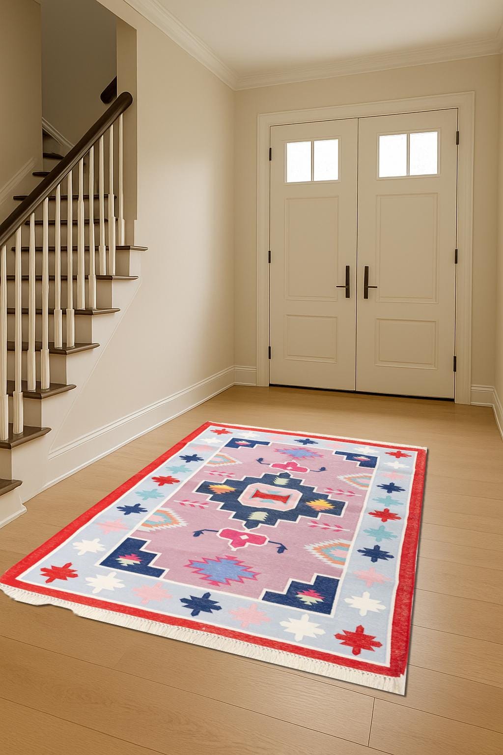 Cotton Kilim Rug, Geometric Area Carpet, Flat Weave Rug, Colorful Living Room Decor, Modern Bedroom Floor Mat, Handwoven Rug, Handmade Rug