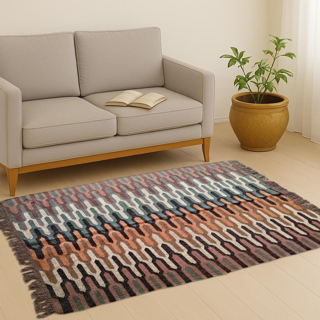 Handmade Wool Rug, Jute Kilim Rug, Navajo Aztec Rug, Indian Ethnic Carpet, Oversize Area Rug, Accent Pattern Rug, 8x10 9x12 10x14 7x7