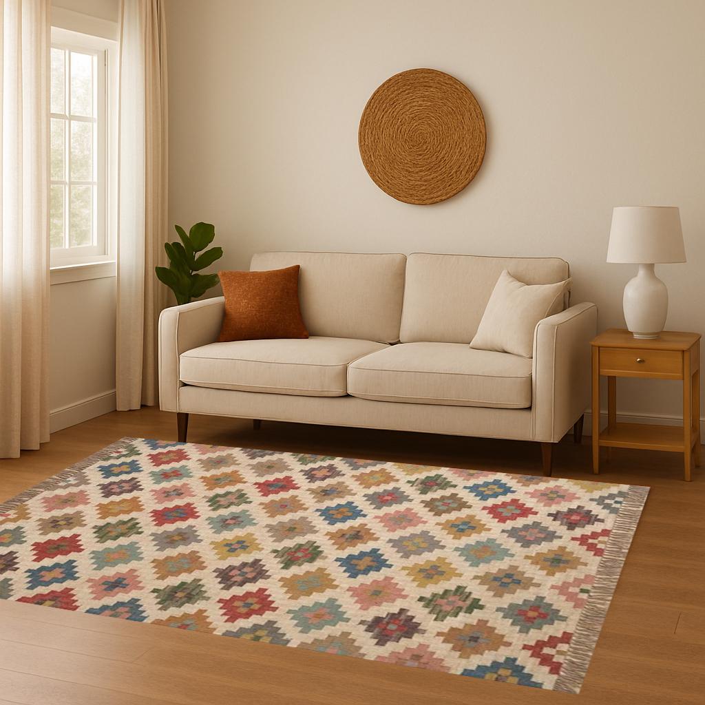 Jute Kilim Rug, Handmade Wool Rug, Dhurrie Boho Rug, 8x10 Area Rug, Kitchen Rug, Dining Table Carpet, Home Decor Floor Rug