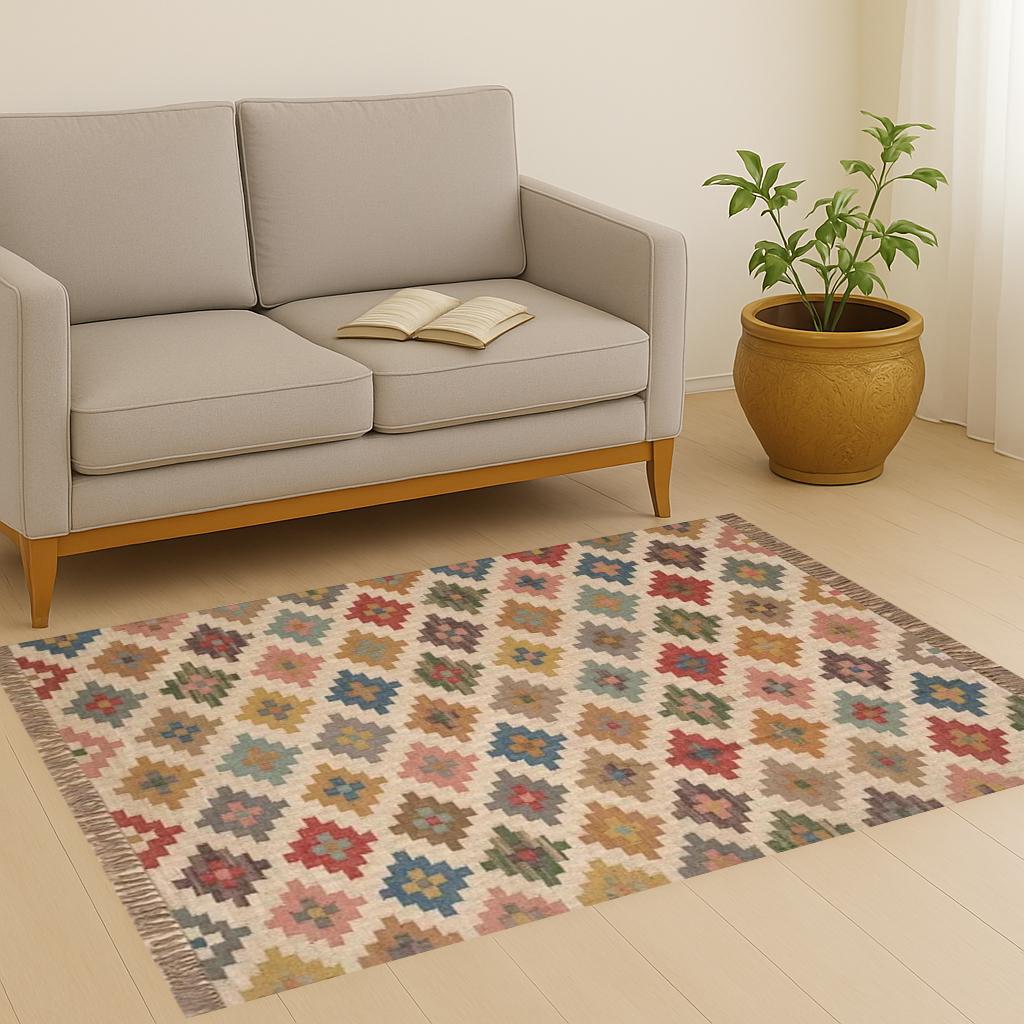 Jute Kilim Rug, Handmade Wool Rug, Dhurrie Boho Rug, 8x10 Area Rug, Kitchen Rug, Dining Table Carpet, Home Decor Floor Rug